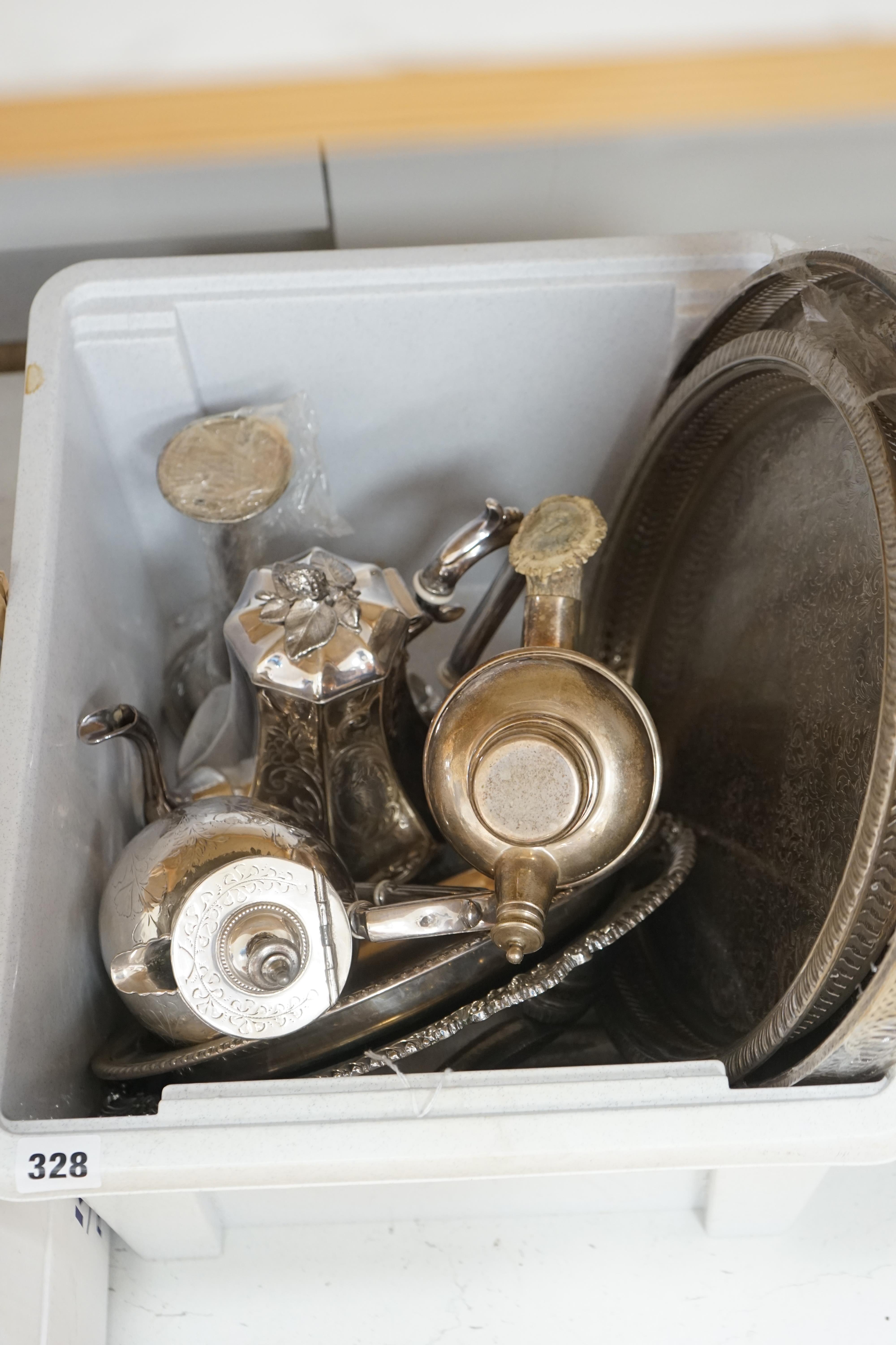 A quantity of silver plate to include vintage cocktail shaker with antler handle, trays, dishes etc. Condition - fair